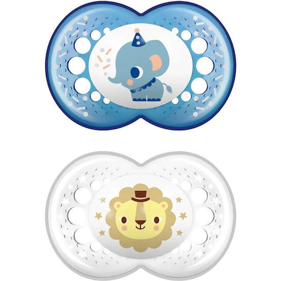 Mam 250S Chupetes Ortodónticos de Silicona Elefante / Leoncito - Azul / Transparente para 16+ meses 2pcs