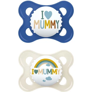 Mama Ι Love Mummy & Daddy Silikon Schnuller I Love Mummy - Blau/Alb - Beige für 2-6 Monate 2 Stück 2 Stück
