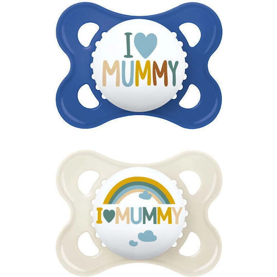 Mama Ι Love Mummy & Daddy Silikon Schnuller I Love Mummy - Blau/Alb - Beige für 2-6 Monate 2 Stück 2 Stück