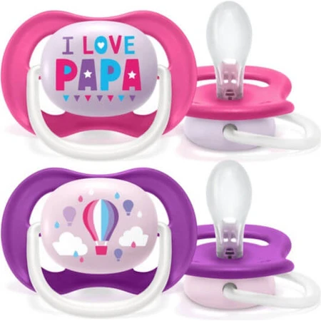 Philips Ultra Air Silicone orthodontic pacifiers with pouch I love Daddy - Pink-Mov for 6-18 months 2pcs