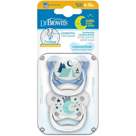 Dr. Brown's PV22007 Silicone Orthodontic Pacifiers Moonlight Pacifier - Clear / Blue for 6-18 months 2pcs