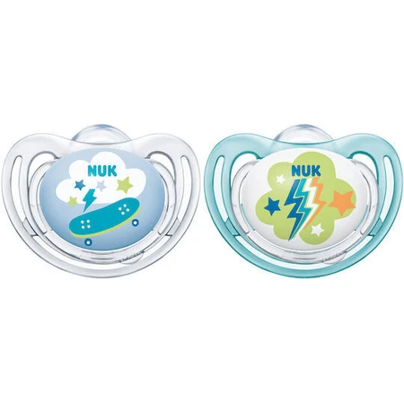 Nuk Freestyle Silicone Orthodontische Fopspenen met Skateboard/Fulger hoes - Lichtblauw/Transparant voor 6-18 maanden 2st