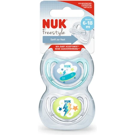 Nuk Freestyle Silicone Orthodontische Fopspenen met Skateboard/Fulger hoes - Lichtblauw/Transparant voor 6-18 maanden 2st