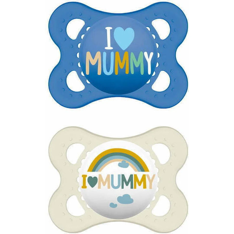 Mam Silikon kieferorthopädische Mumie Ich liebe Mumie - blau - weiß für 2-6 Monate 2pcs