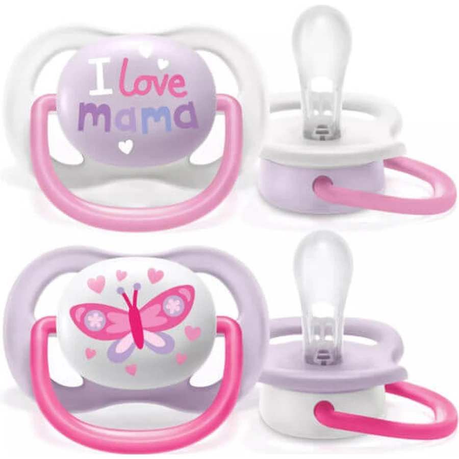 Philips Ultra Air Sucette orthodontique en silicone avec housse I Love Mum - Rose pour 0-6 mois 2pcs
