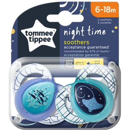 Tommee Tippee Time Night Silicone Orthodontic Pacifiers Large Large Pacifier - Blue-Blue Open for 6-18 months 2pcs