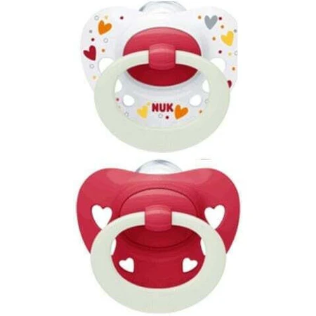 Nuk Handtekening Nacht Orthodontische Nacht Fopspeen Silicone met Zakje Wit & Rood voor 0-6 maanden 2st