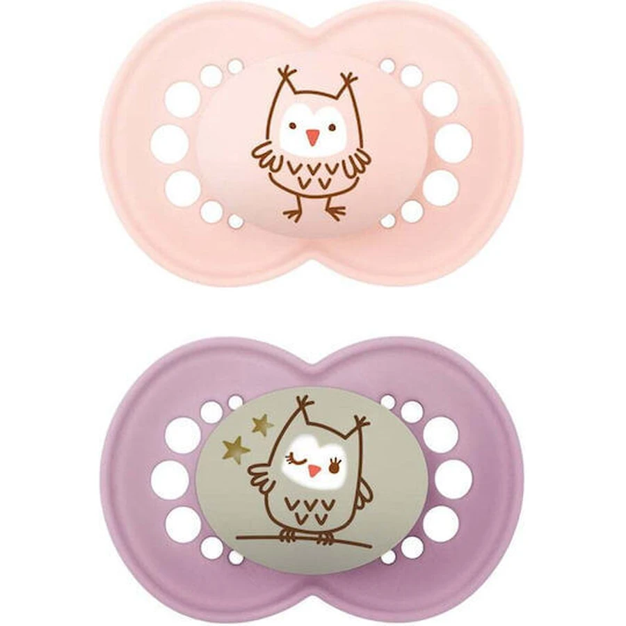 Mam Day & Night 274S Silicone Orthodontische Fopspenen Uil Fopspeen - Roze / Paars voor 16+ maanden 2st