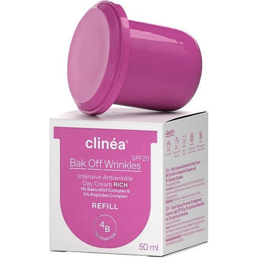 Clinea Bak Bak Off Wrinkles Rich Refill Anti-Ageing Face Day Cream SPF20 mit Panthenol und Peptiden 50ml
