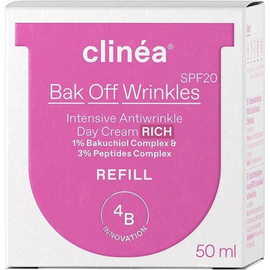 Clinea Bak Bak Off Wrinkles Rich Refill Anti-Ageing Face Day Cream SPF20 mit Panthenol und Peptiden 50ml