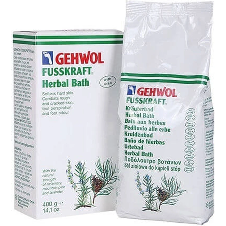 Gehwol Fusskraft Fusskraft Sels de bain nettoyants aux herbes pour les ampoules, les durillons et les callosités fissurées avec de l'urée 400gr