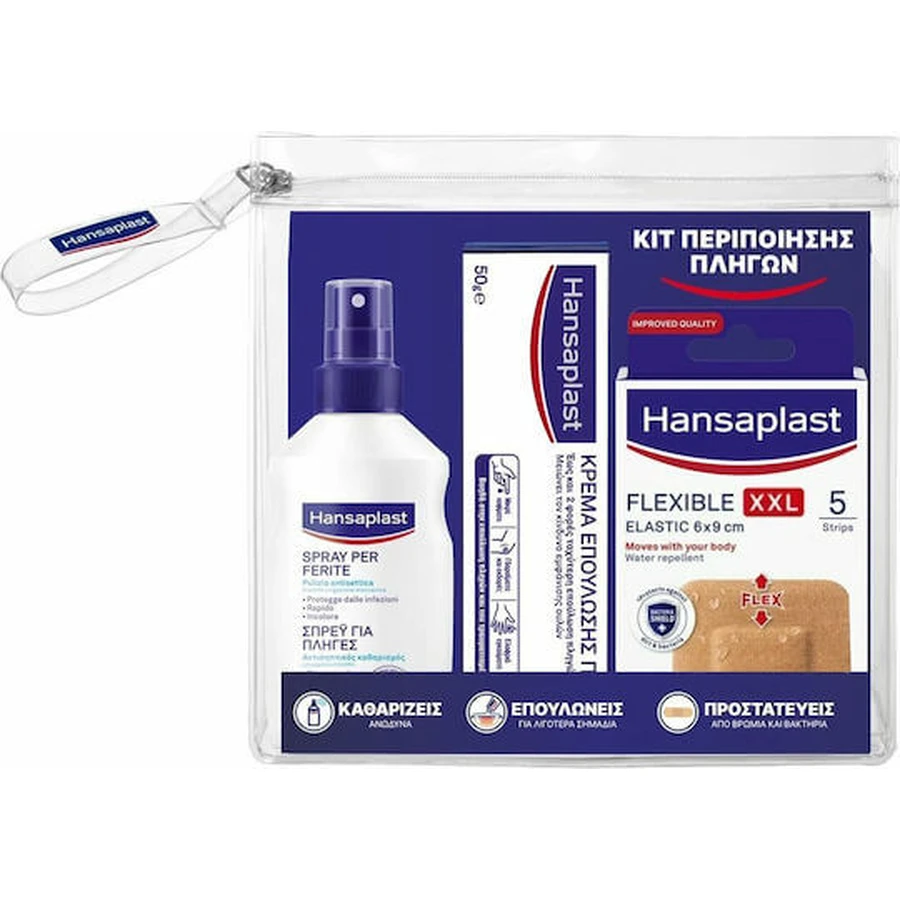 Hansaplast Kit para el cuidado de heridas Spray para heridas 100ml, almohadillas elásticas impermeables 20pcs y crema cicatrizante 50gr para Cicatrización