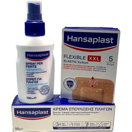 Hansaplast Kit para el cuidado de heridas Spray para heridas 100ml, almohadillas elásticas impermeables 20pcs y crema cicatrizante 50gr para Cicatrización