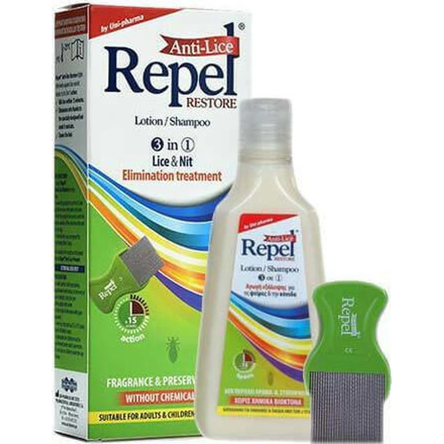 UNI-PHARMA Repel Repel Antipiojos Restore 3 en 1 Champú y Loción Antipiojos 200ml