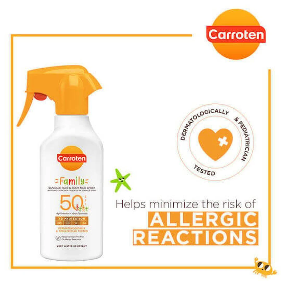 Carroten Family Crème solaire résistante à l'eau pour le visage et le corps SPF50 Spray 270ml
