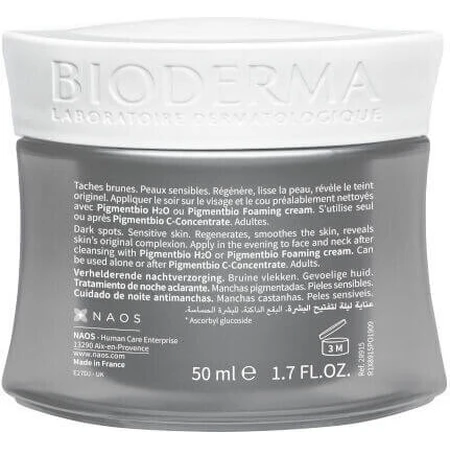 Bioderma Pigmentbio Crema Facial de Noche Antiedad, Manchas Pigmentarias y Blanqueamiento con Vitamina C y Prebióticos 50ml