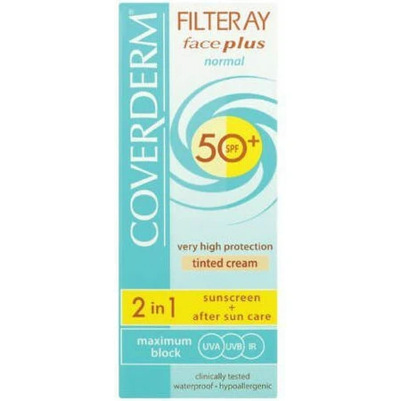 Coverderm Filteray Plus 2 en 1 Crema solar facial resistente al agua con pigmento marrón suave para piel normal SPF50 50ml