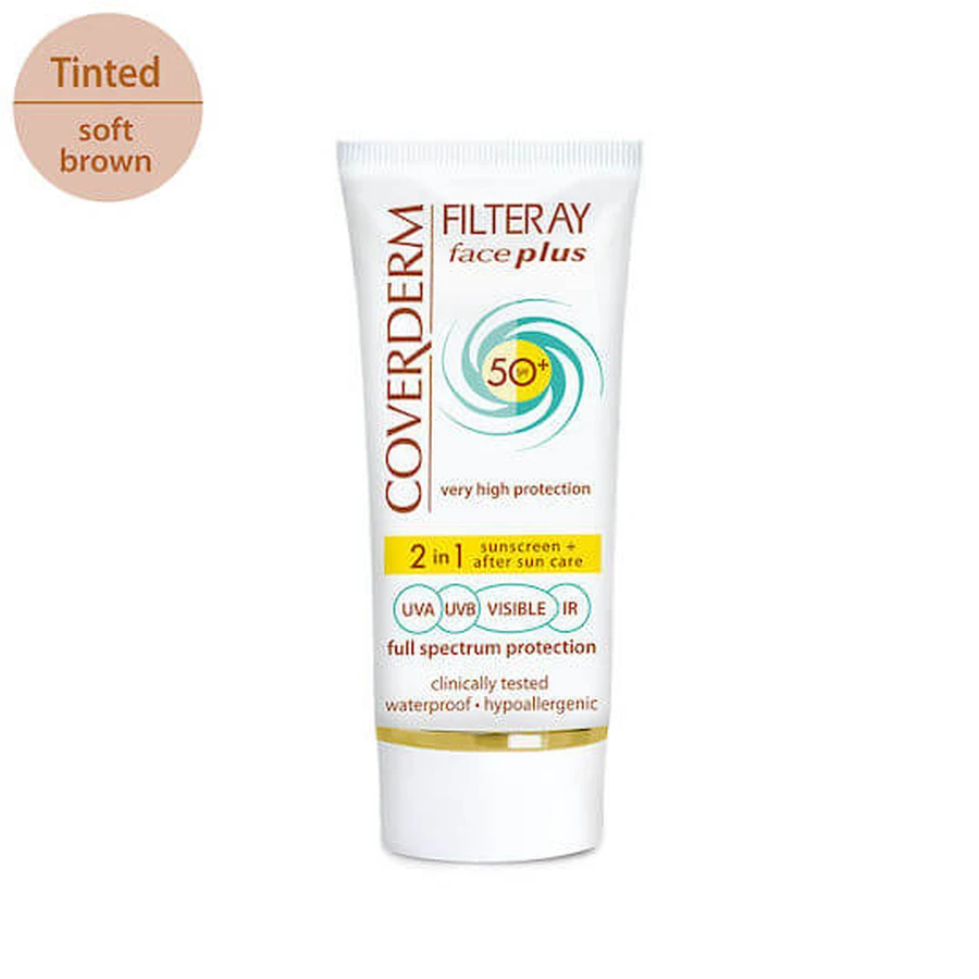 Coverderm Filteray Plus 2 en 1 Crema solar facial resistente al agua con pigmento marrón suave para piel normal SPF50 50ml