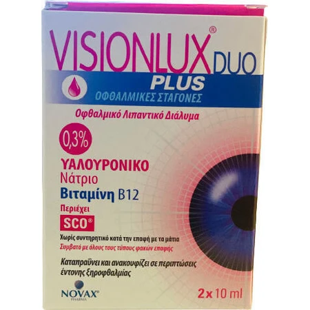 Novax Pharma Visionlux Duo Plus Hyaluronic Acid Eye Drops for Dry Eyes 2x10ml