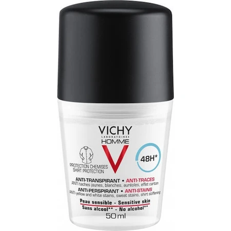 Vichy Homme Anti-Stains Roll-On contre les taches blanches et jaunes Déodorant 48h en Roll-On 50ml
