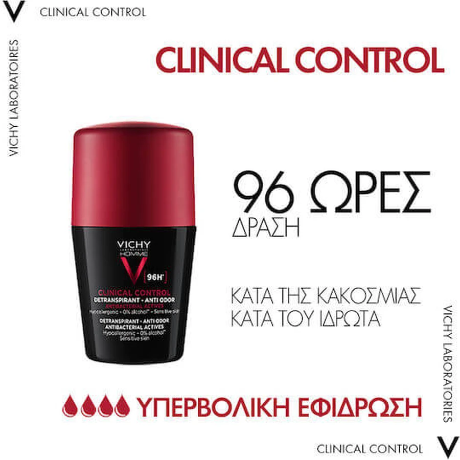 Homme Clinical Control 96h Roll-On Deodorant, for Men, 2x50 ml, Vichy
