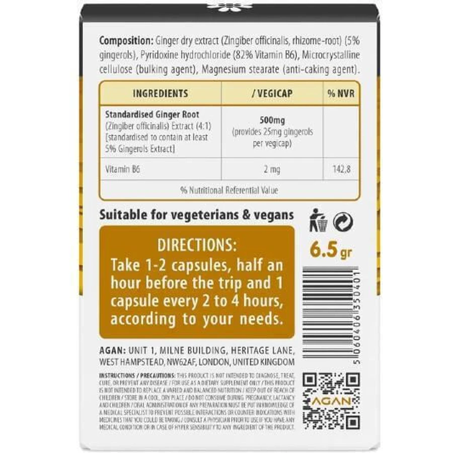 Agan Travel Motion Trockenextrakt aus Ingwer und Vitamin B6 gegen Übelkeit 10 Kräuterkapseln