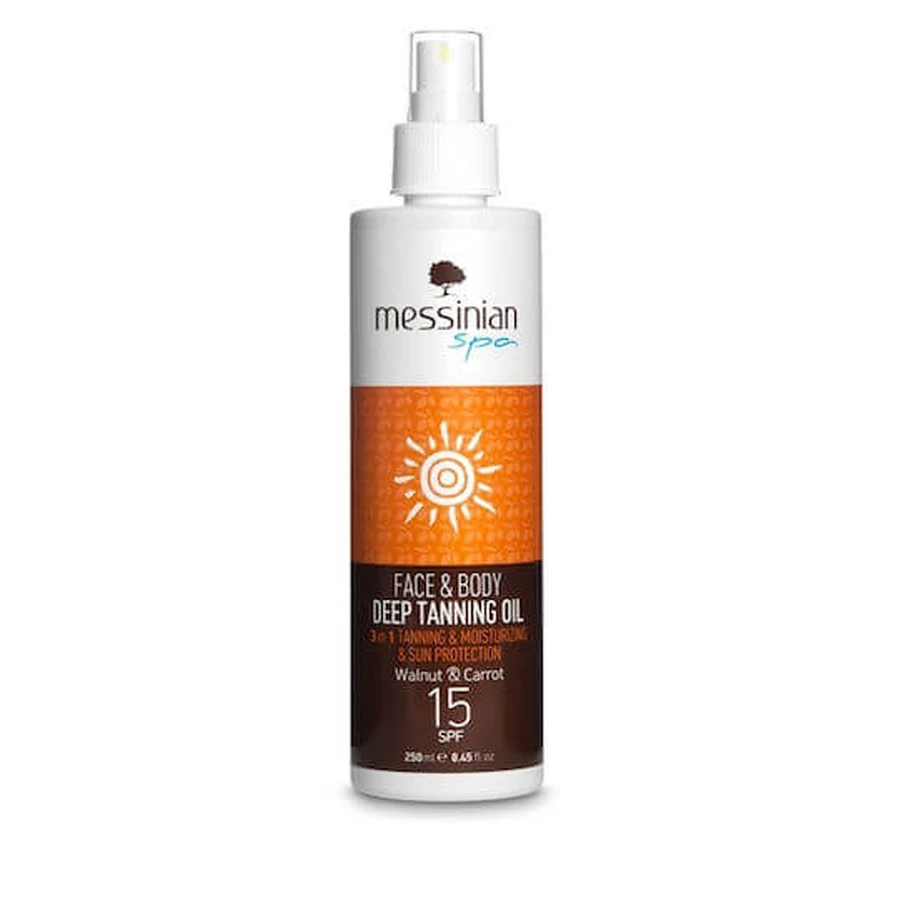 Messinian Spa Aceite Solar Bronceador Profundo Aceite Solar Bronceador Profundo Nuez y Zanahoria Spray facial y corporal SPF15 250ml
