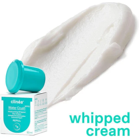 Clinea Water Crush Refill Crema Facial Hidratante de Día 48h con SPF15, Ácido Hialurónico y Prebióticos 50ml