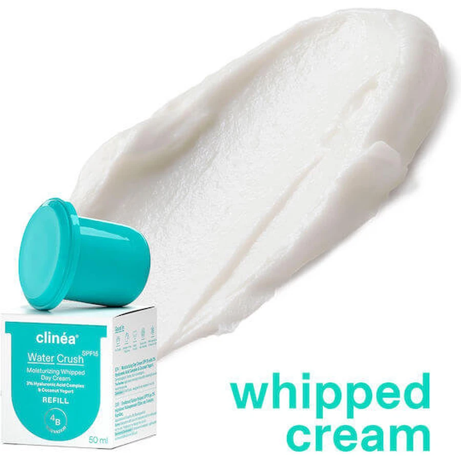 Clinea Water Crush Refill Crema Facial Hidratante de Día 48h con SPF15, Ácido Hialurónico y Prebióticos 50ml