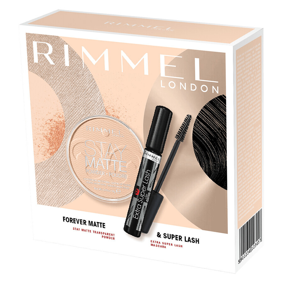 Acquista Mascara Extra Super Lash + Set di cipria trasparente Stay Matte 001, Rimmel London Mascara Extra Super Lash + Set di cipria trasparente Stay Matte 001, Rimmel London