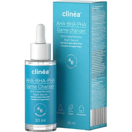 Clinea AHA-BHA-PHA Game Changer Anti-Imperfektionen Anti-Aging Gesichtsserum mit AHA und Kollagen für Toning und Unvollkommenheiten 30ml