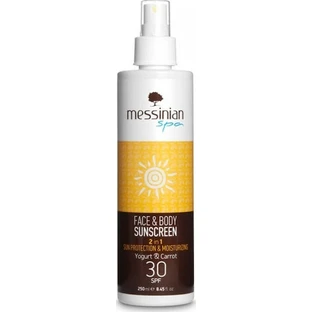 Messinian Spa 2 in 1 Crème solaire protectrice et hydratante au yaourt et à la carotte pour le visage et le corps SPF30 en spray 250ml