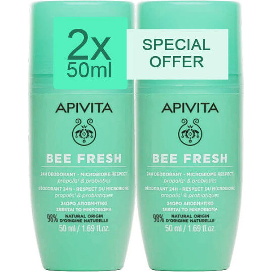 Apivita Bee Fresh Deodorant 24h Roll-On Deodorant Aluminiumfrei 2x50ml