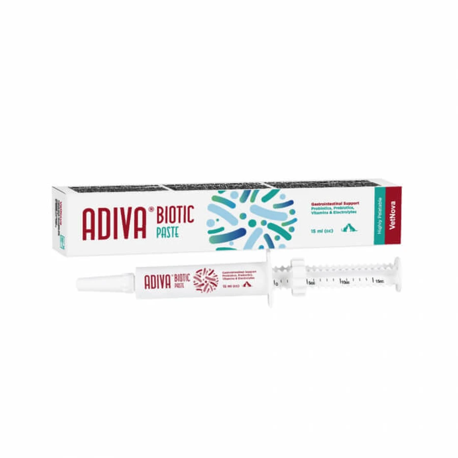 Alimento complementario dietético, alta palatabilidad, probióticos, prebióticos, electrolitos y vitaminas, ADIVA® Pasta Biótica, VetNova, 15 ml