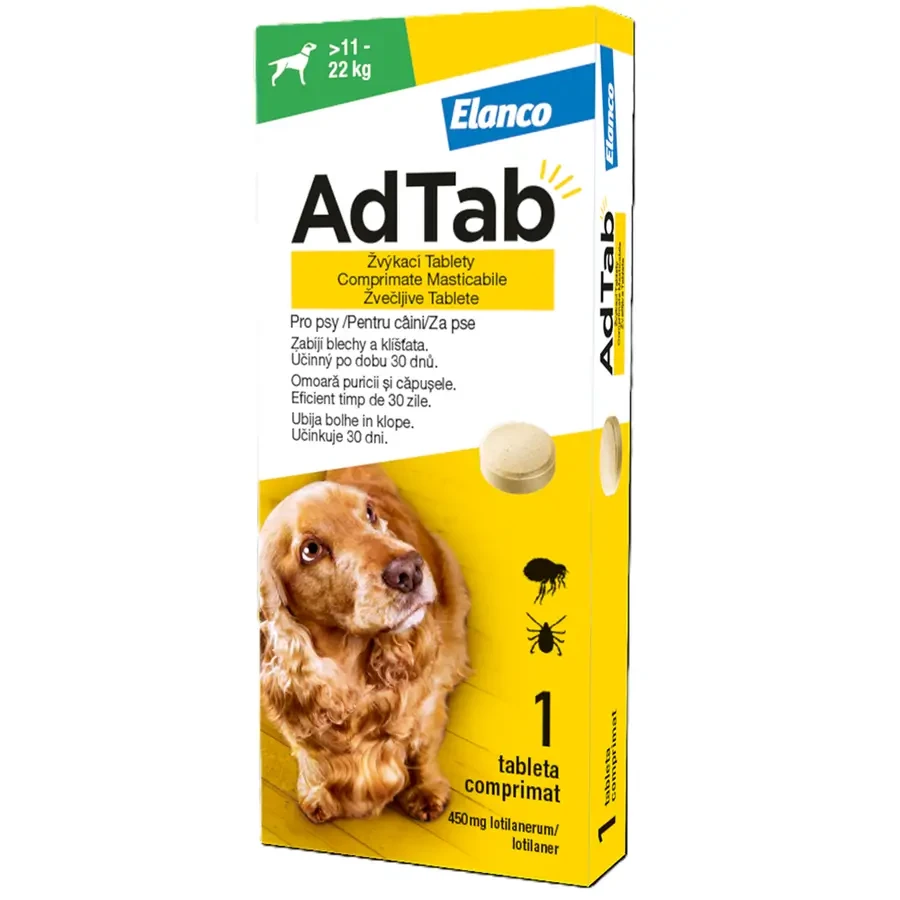AdTab 450 mg Kautabletten für Hunde gegen Flöhe und Zecken (11-22 kg) - 1 Tablette