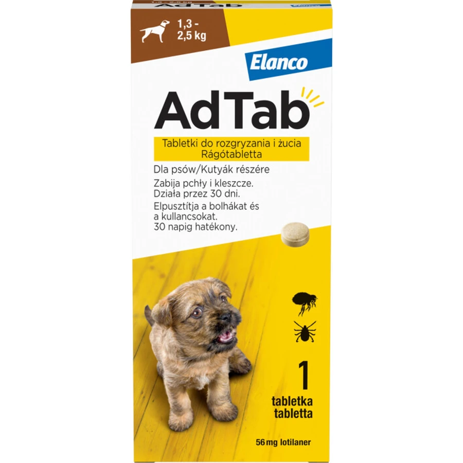 AdTab 56 mg chewable tablets for dogs against fleas and ticks (1,3-2,5 kg) - 1 tablet