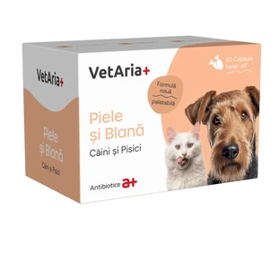 VetAria, Suplemento para la piel y el pelo, perros y gatos, 60 cápsulas, twist off
