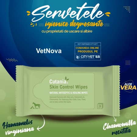 CUTANIA Skin Control Wipes, VetNova, 24 doekjes, ontvettende, drogende en witmakende hygiënische doekjes