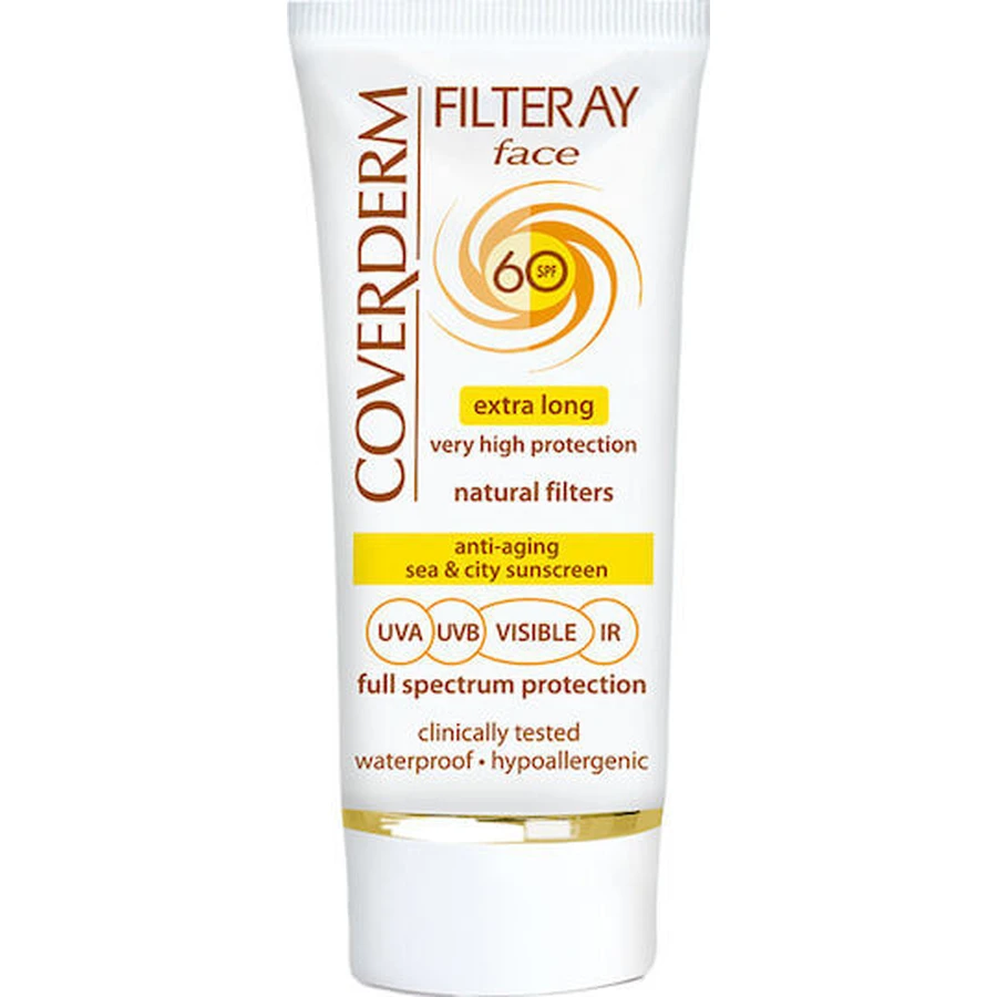 Coverderm Filteray Crème Getint Zachtbruin Waterdichte Zonnebrandcrème voor het Gezicht Zonbescherming (SPF) 60 met Kleur 50ml