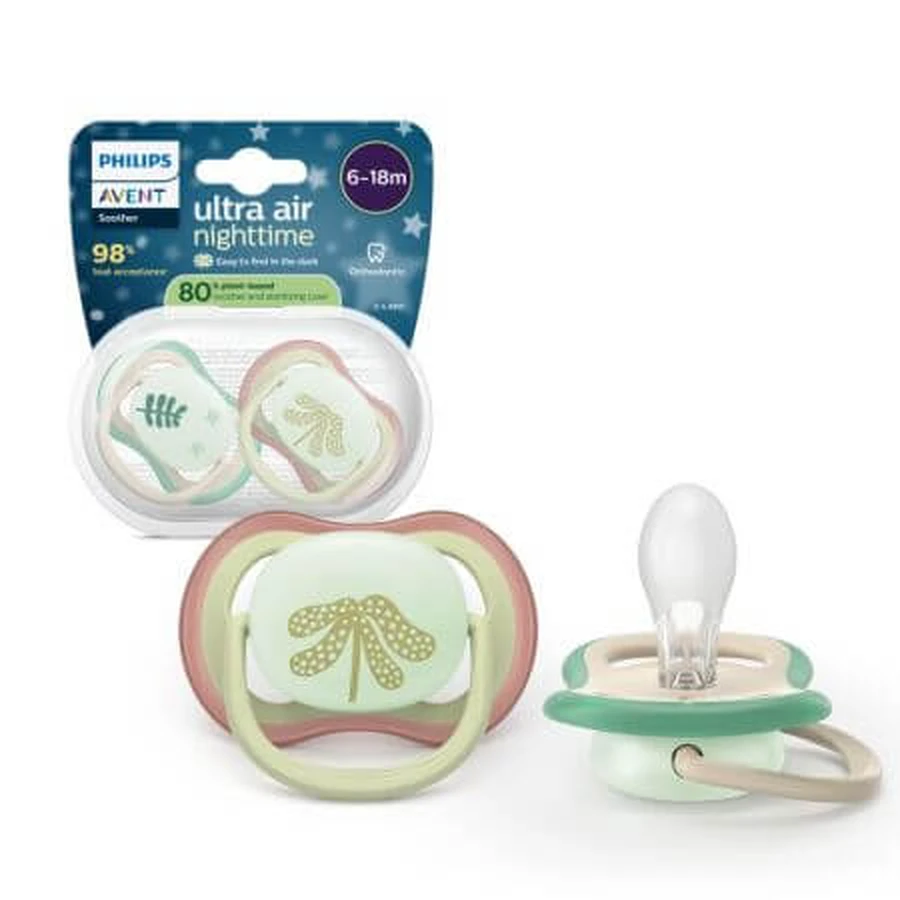 Philips Avent Ultra Air phosphoreszierende Schnuller Ultra Air, Pflanzen, 6-18 Monate, SCF376/31, 2 Stück, Philips Avent