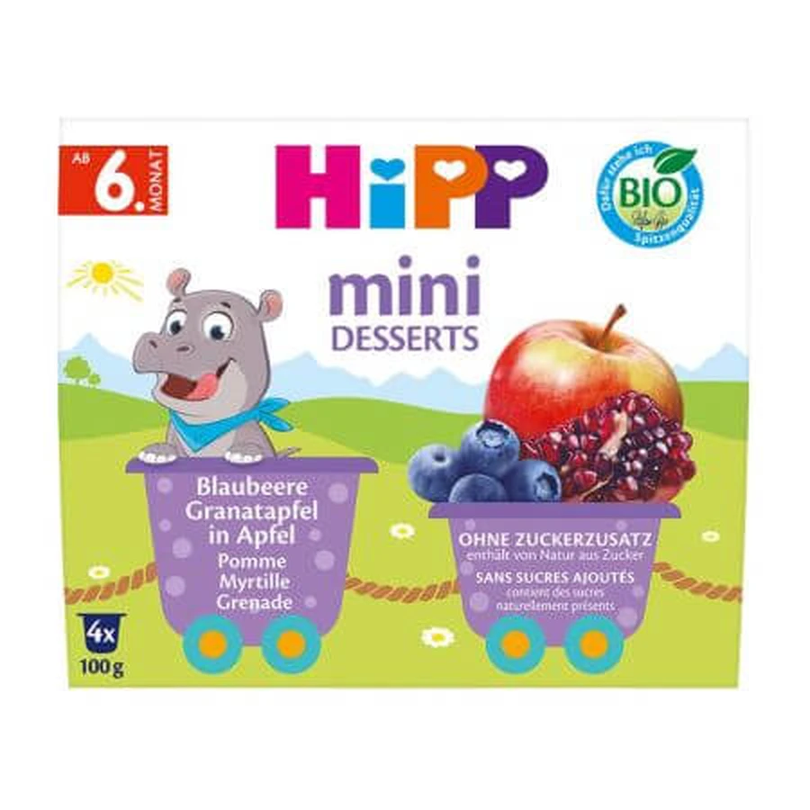 Mini biologisch dessert met appels, bosbessen en granaatappel, 4 x 100 g, Hipp