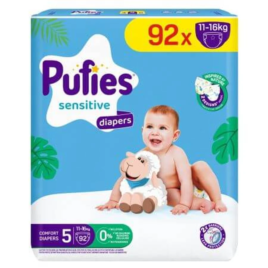 Changing diapers Mega Junior Sensitive, Nr. 5, 11-16 kg, 92 pcs, Pufies