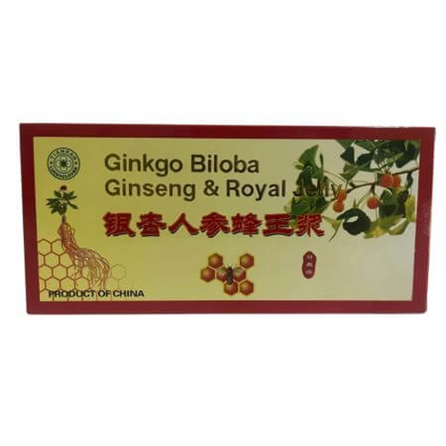 Ginkgo Biloba, Ginseng en Royal Jelly Extractum, 11 flacons x 10 ml, Tianran