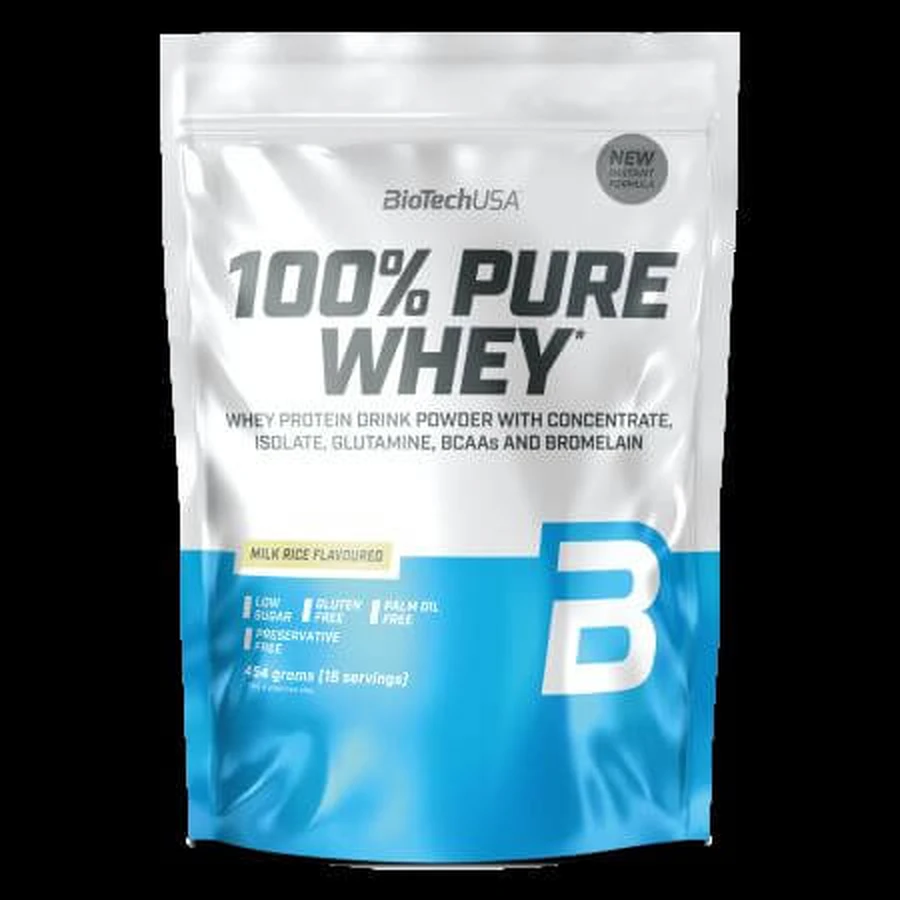 Protéines en poudre 100% Pure Whey, Lait Riz, 454 g, BioTechUSA