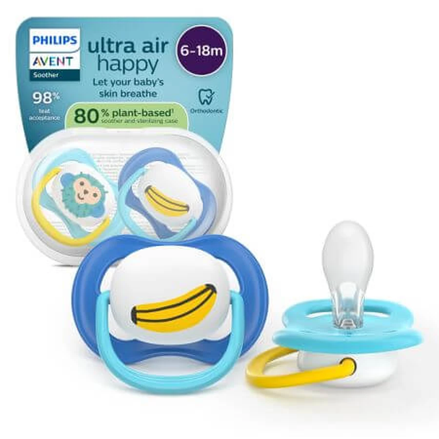 Philips Avent Ultra Air Schnuller, Affe, 6-18 Monate, SCF080/26, 2 Stück, Philips