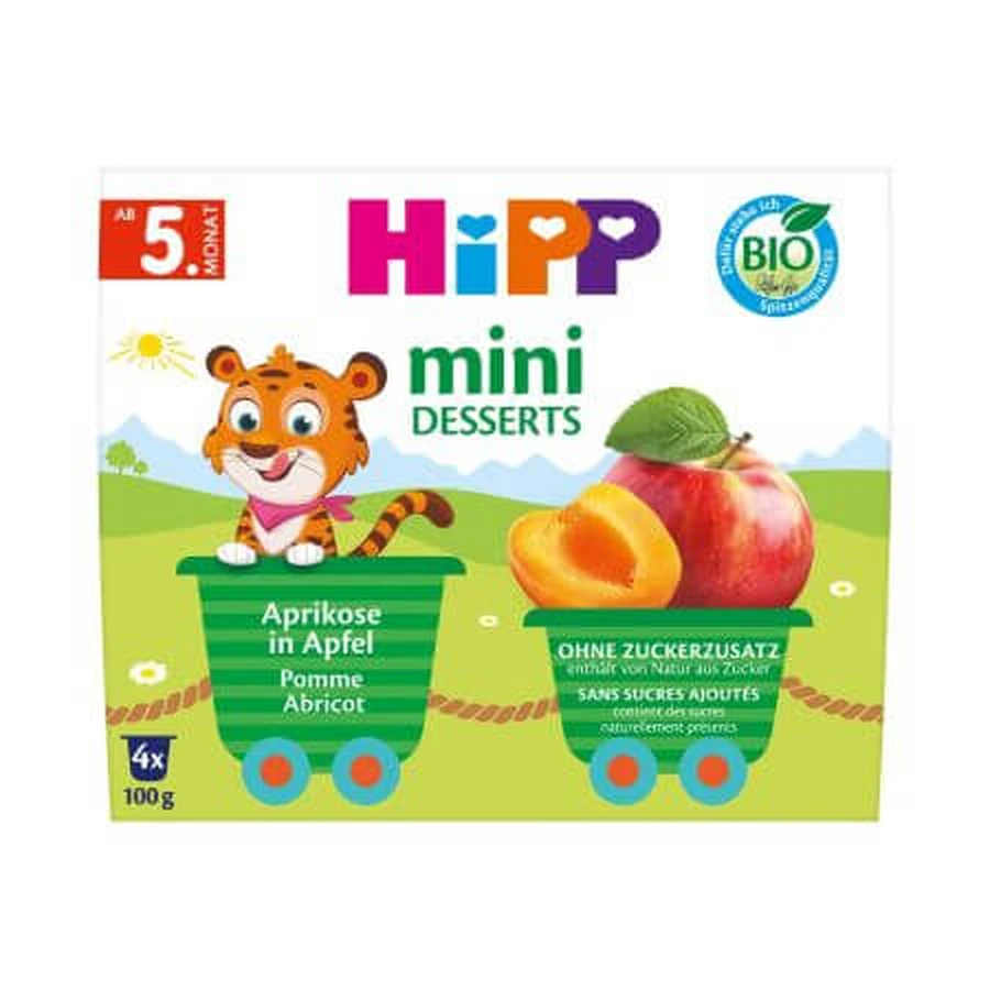 Mini postre bio con manzanas y albaricoques, 4 x 100 g, Hipp