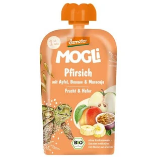 Puré ecológico de melocotón, plátano, manzana, fruta de la pasión y avena, a partir de 1 año, 100 g, Mogli