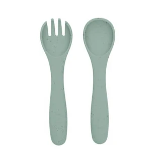 Siliconen vork- en lepelset Platina, saliegroen, Kikka Boo
