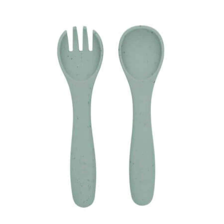 Siliconen vork- en lepelset Platina, saliegroen, Kikka Boo