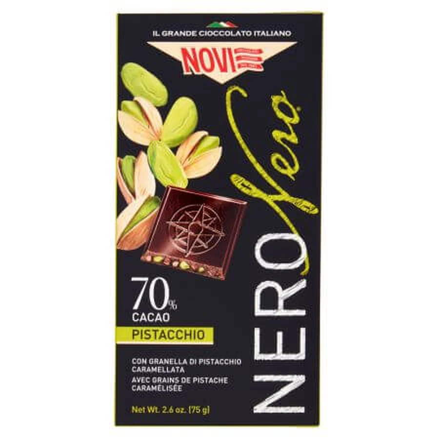 Extra dunkle Schokolade mit 70% Kakaoanteil und knackigen Pistazien, 75 g, Novi